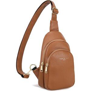 Women's Brown Synthetic Leather Fashion Long Strap Chest Bag With Zipper Pockets